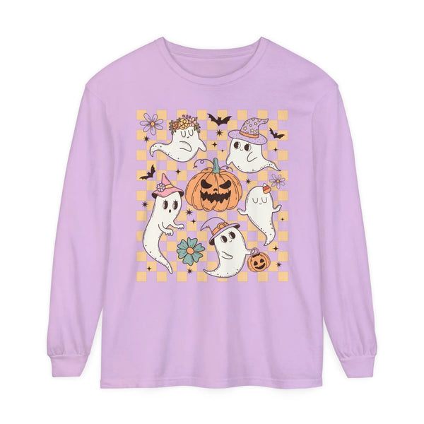 Cute Ghosts and Pumpkins Halloween Long Sleeve T-Shirt - Checkered Vintage Graphic Tee