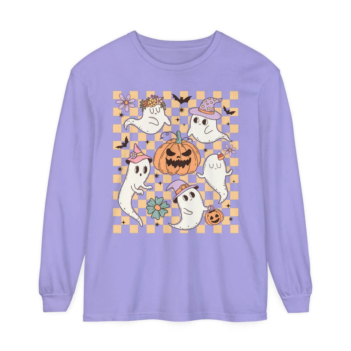 Cute Ghosts and Pumpkins Halloween Long Sleeve T-Shirt - Checkered Vintage Graphic Tee