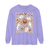 Cute Ghosts and Pumpkins Halloween Long Sleeve T-Shirt - Checkered Vintage Graphic Tee