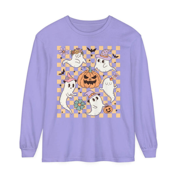 Cute Ghosts and Pumpkins Halloween Long Sleeve T-Shirt - Checkered Vintage Graphic Tee
