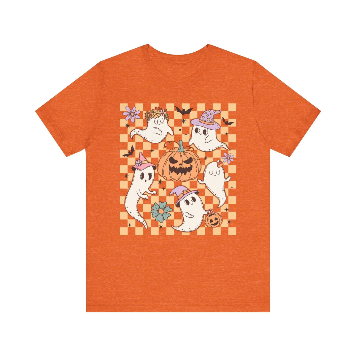 Cute Ghosts and Pumpkins Halloween Shirt - Checkered Vintage Graphic Tee