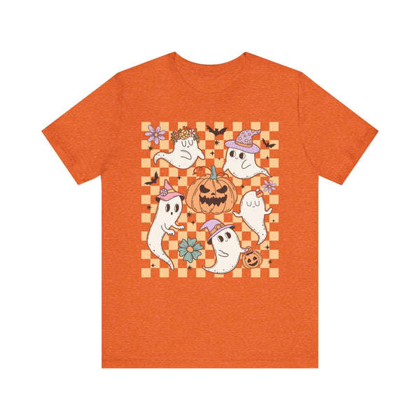 Cute Ghosts and Pumpkins Halloween Shirt - Checkered Vintage Graphic Tee