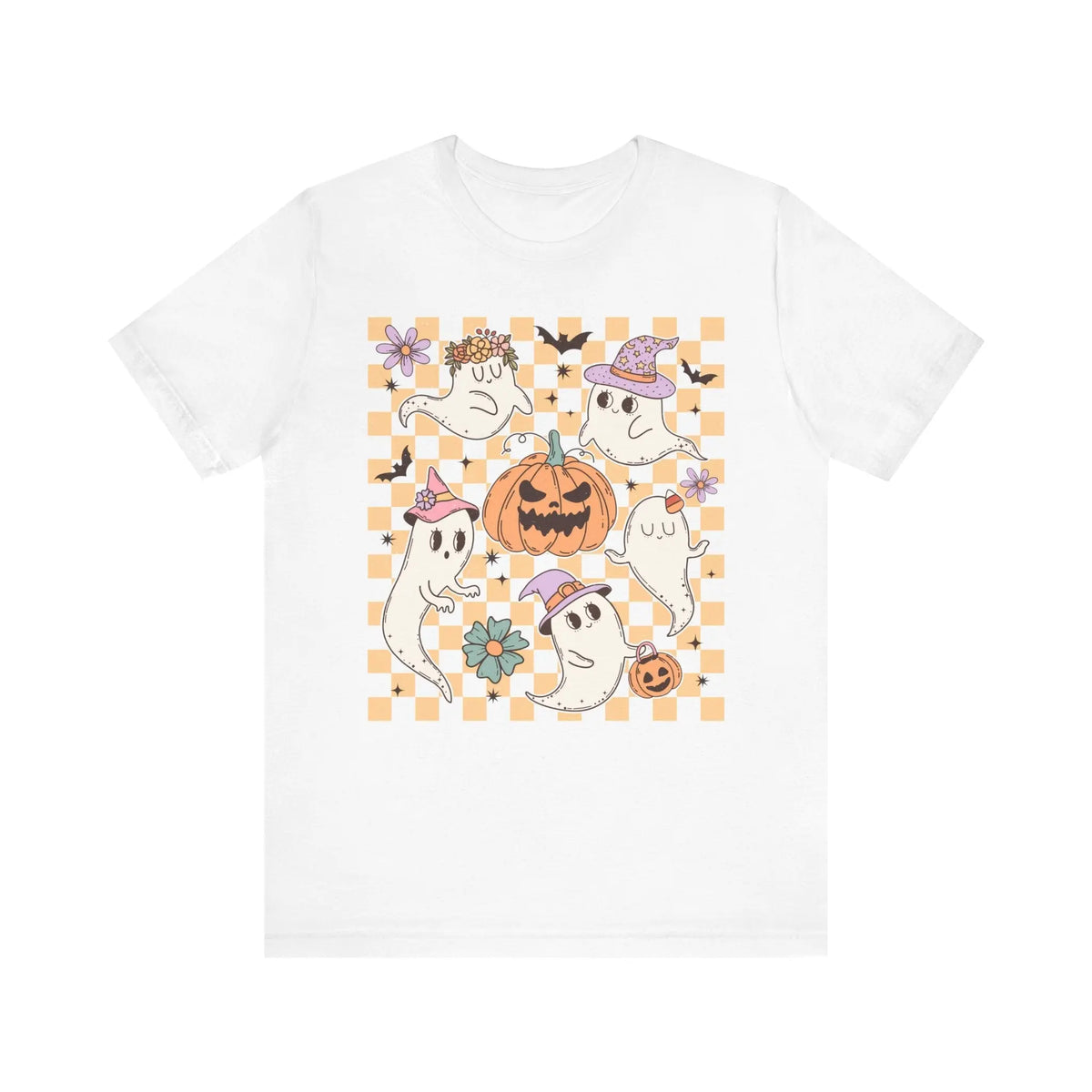 Cute Ghosts and Pumpkins Halloween Shirt - Checkered Vintage Graphic Tee