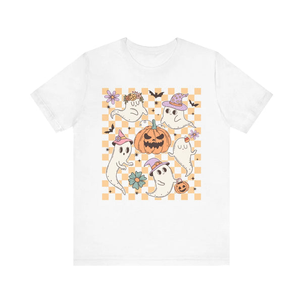Cute Ghosts and Pumpkins Halloween Shirt - Checkered Vintage Graphic Tee