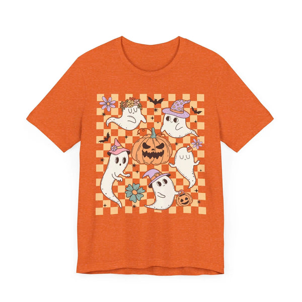 Cute Ghosts and Pumpkins Halloween Shirt - Checkered Vintage Graphic Tee