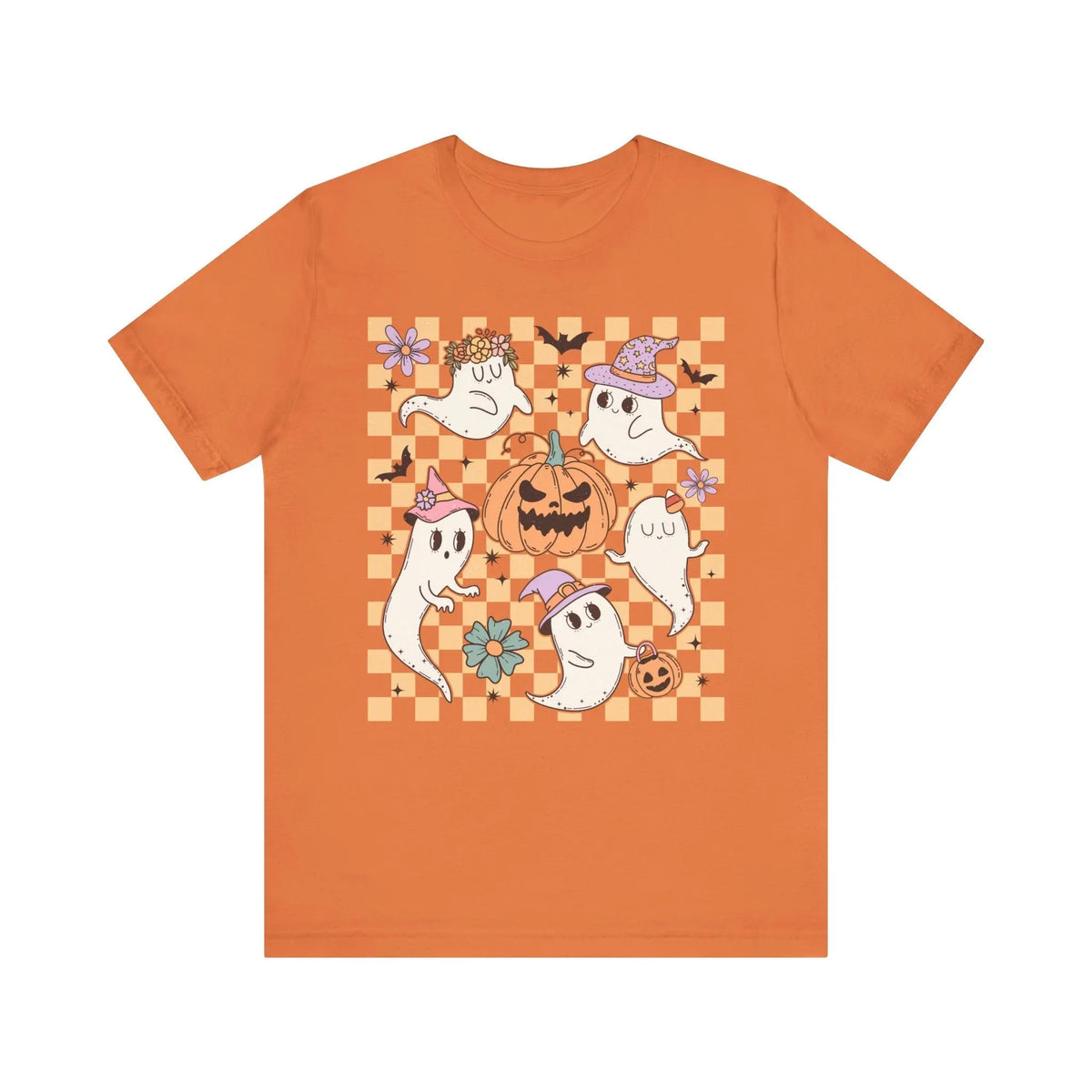 Cute Ghosts and Pumpkins Halloween Shirt - Checkered Vintage Graphic Tee