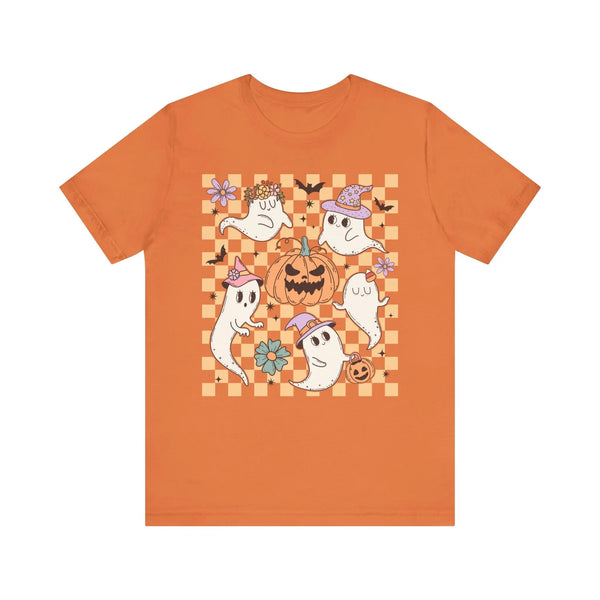 Cute Ghosts and Pumpkins Halloween Shirt - Checkered Vintage Graphic Tee