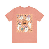 Cute Ghosts and Pumpkins Halloween Shirt - Checkered Vintage Graphic Tee
