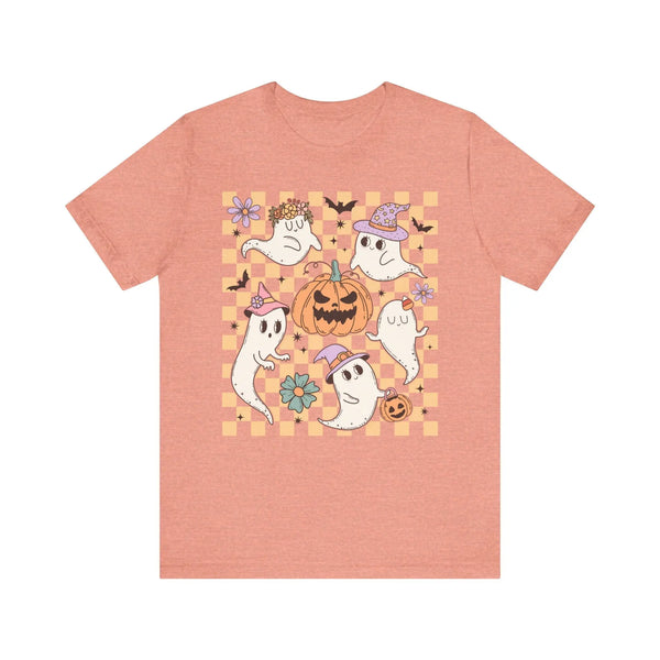 Cute Ghosts and Pumpkins Halloween Shirt - Checkered Vintage Graphic Tee