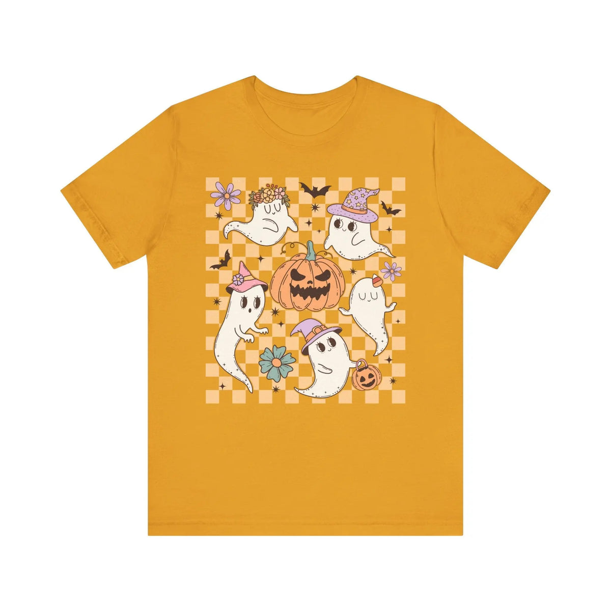 Cute Ghosts and Pumpkins Halloween Shirt - Checkered Vintage Graphic Tee