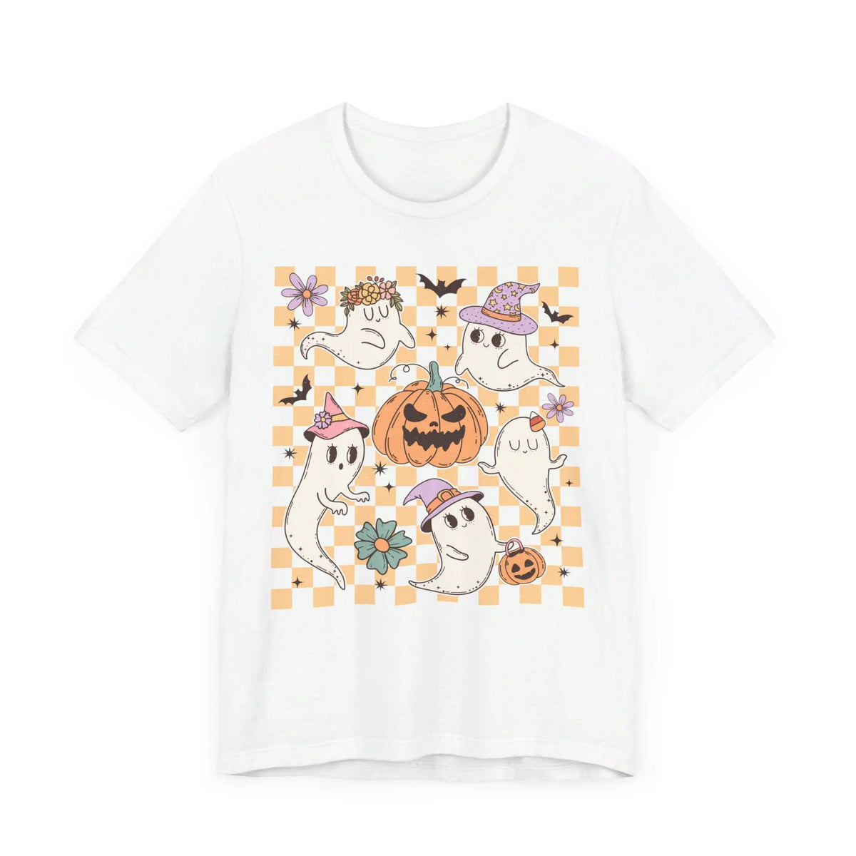 Cute Ghosts and Pumpkins Halloween Shirt - Checkered Vintage Graphic Tee
