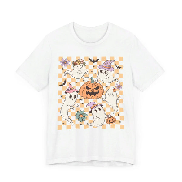 Cute Ghosts and Pumpkins Halloween Shirt - Checkered Vintage Graphic Tee