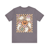 Cute Ghosts and Pumpkins Halloween Shirt - Checkered Vintage Graphic Tee