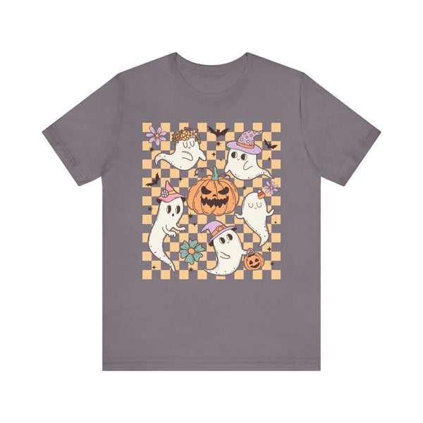 Cute Ghosts and Pumpkins Halloween Shirt - Checkered Vintage Graphic Tee