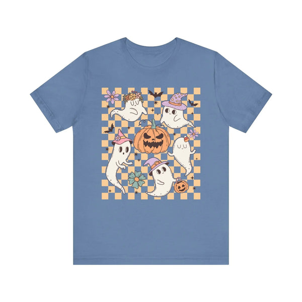 Cute Ghosts and Pumpkins Halloween Shirt - Checkered Vintage Graphic Tee