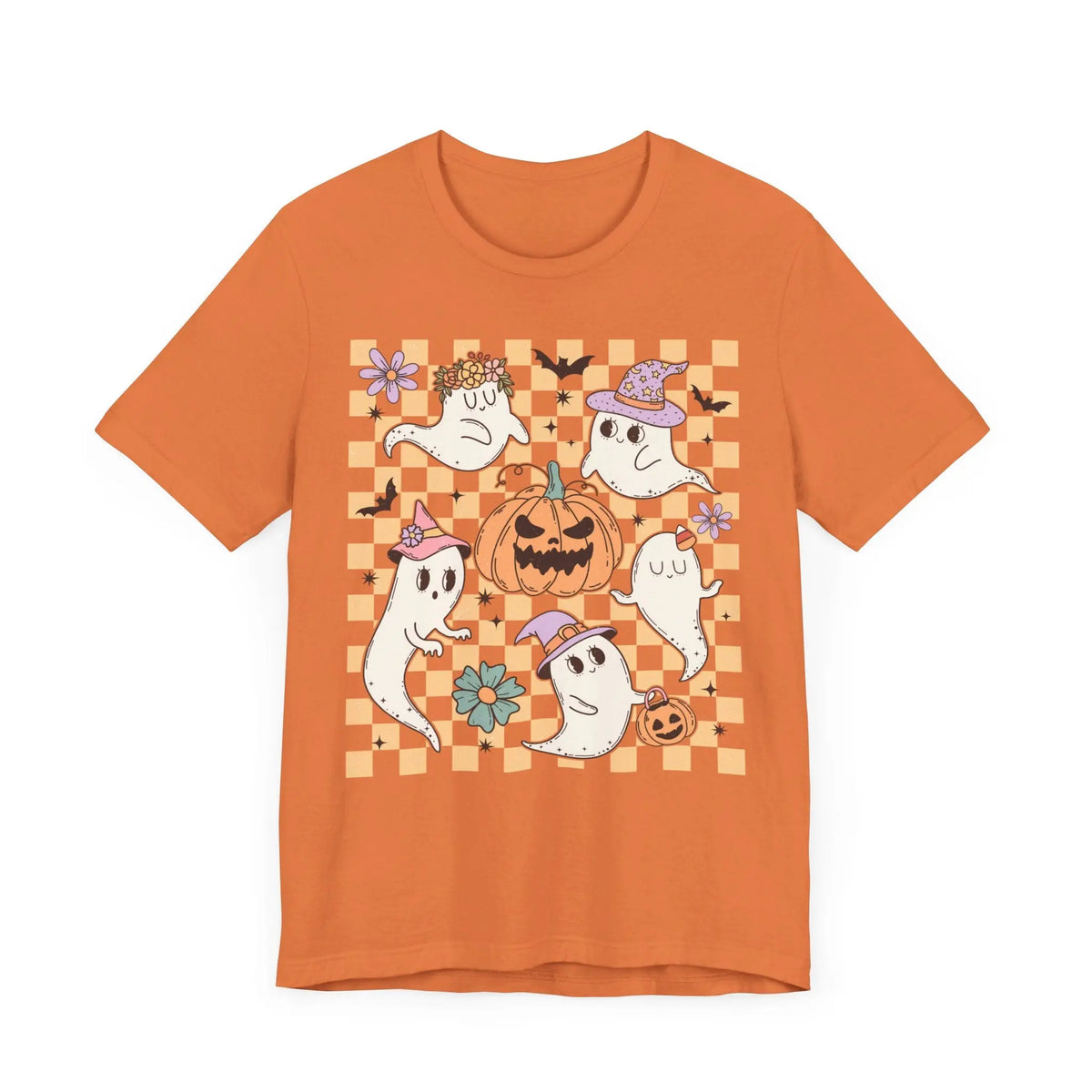 Cute Ghosts and Pumpkins Halloween Shirt - Checkered Vintage Graphic Tee