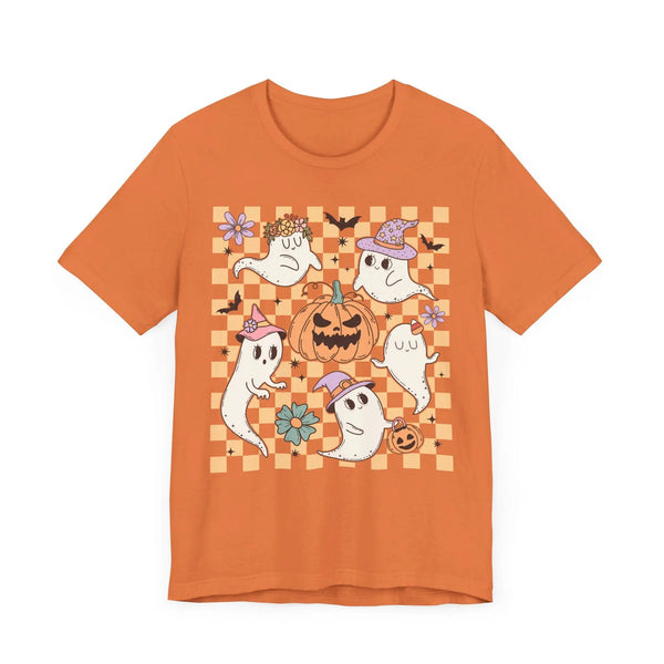 Cute Ghosts and Pumpkins Halloween Shirt - Checkered Vintage Graphic Tee