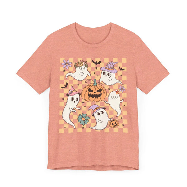 Cute Ghosts and Pumpkins Halloween Shirt - Checkered Vintage Graphic Tee