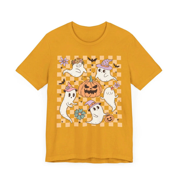 Cute Ghosts and Pumpkins Halloween Shirt - Checkered Vintage Graphic Tee