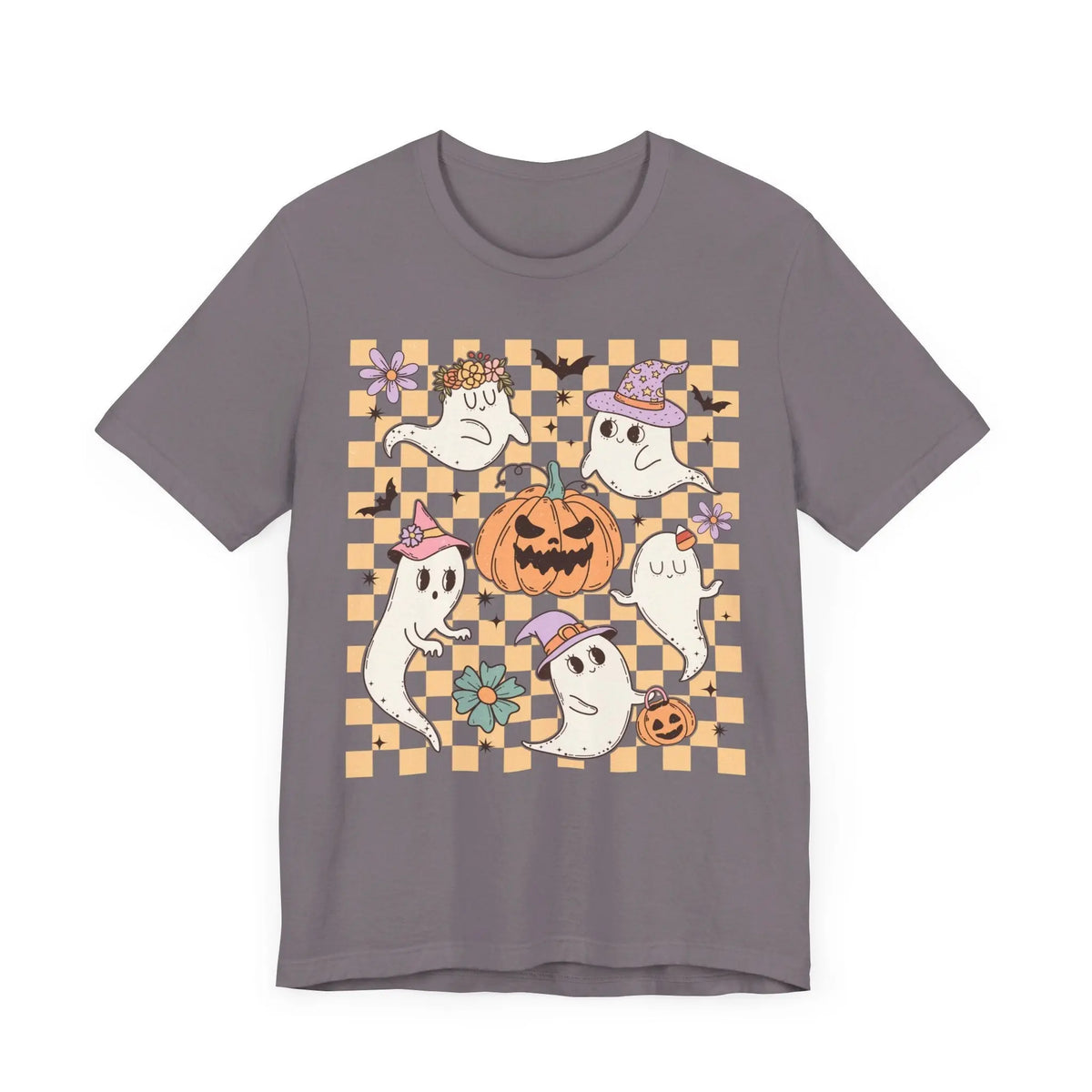 Cute Ghosts and Pumpkins Halloween Shirt - Checkered Vintage Graphic Tee