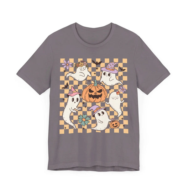 Cute Ghosts and Pumpkins Halloween Shirt - Checkered Vintage Graphic Tee