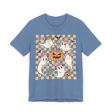 Cute Ghosts and Pumpkins Halloween Shirt - Checkered Vintage Graphic Tee