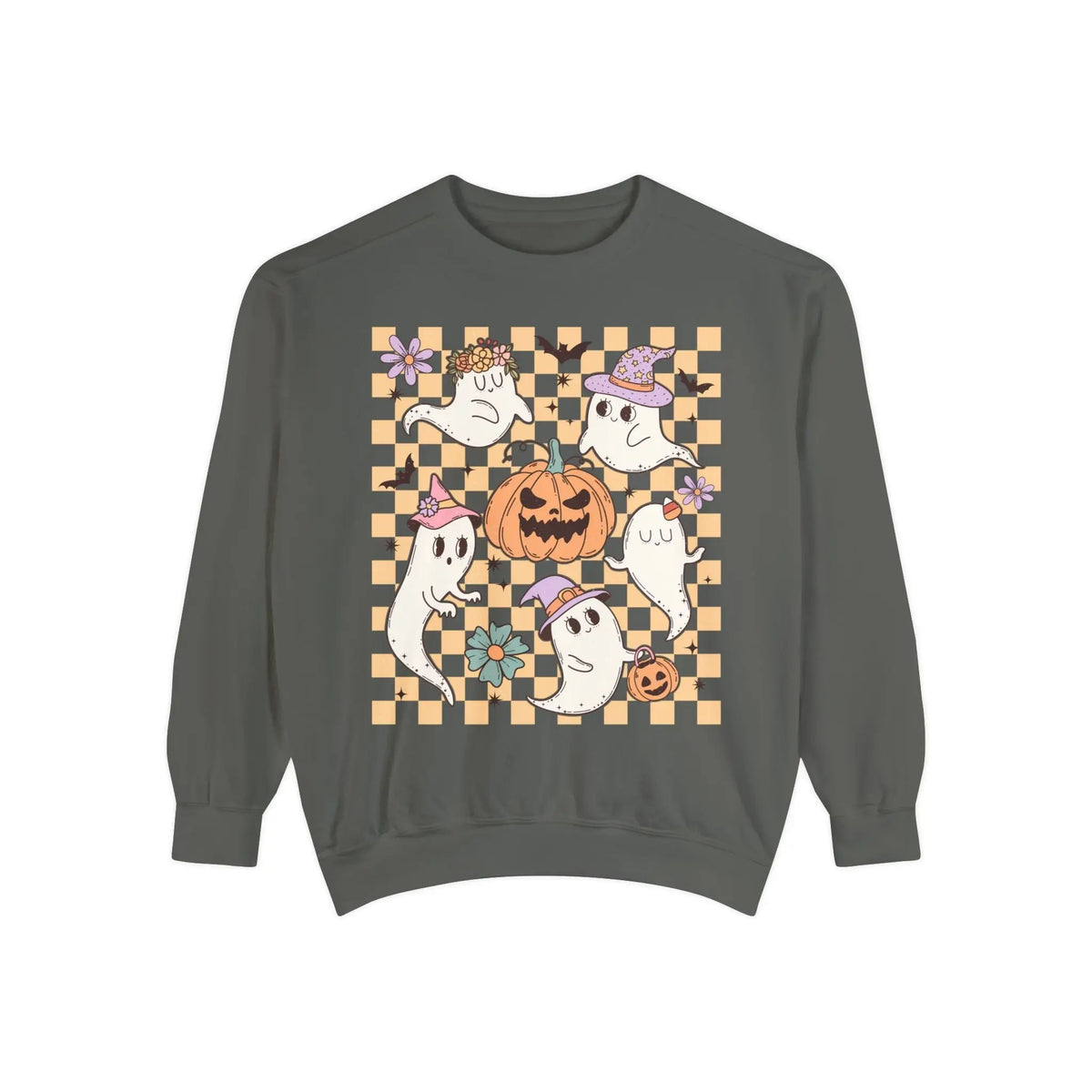 Cute Ghosts and Pumpkins Halloween Sweatshirt - Checkered Vintage Graphic Sweater