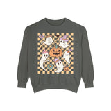 Cute Ghosts and Pumpkins Halloween Sweatshirt - Checkered Vintage Graphic Sweater