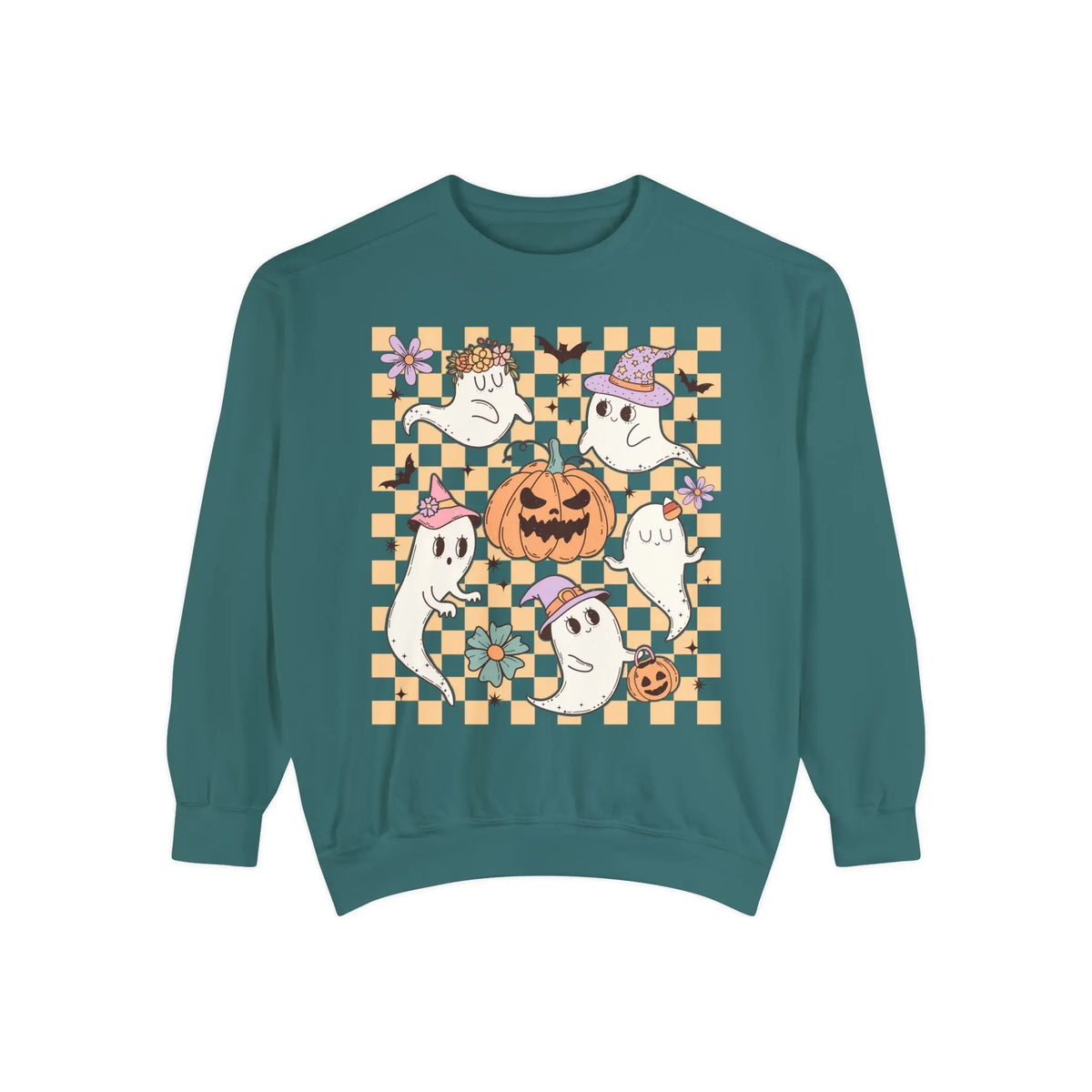 Cute Ghosts and Pumpkins Halloween Sweatshirt - Checkered Vintage Graphic Sweater