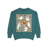Cute Ghosts and Pumpkins Halloween Sweatshirt - Checkered Vintage Graphic Sweater