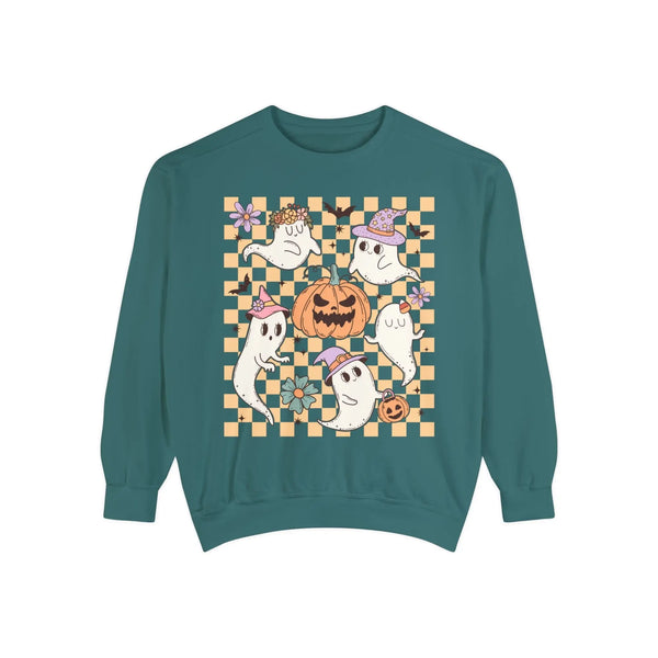 Cute Ghosts and Pumpkins Halloween Sweatshirt - Checkered Vintage Graphic Sweater