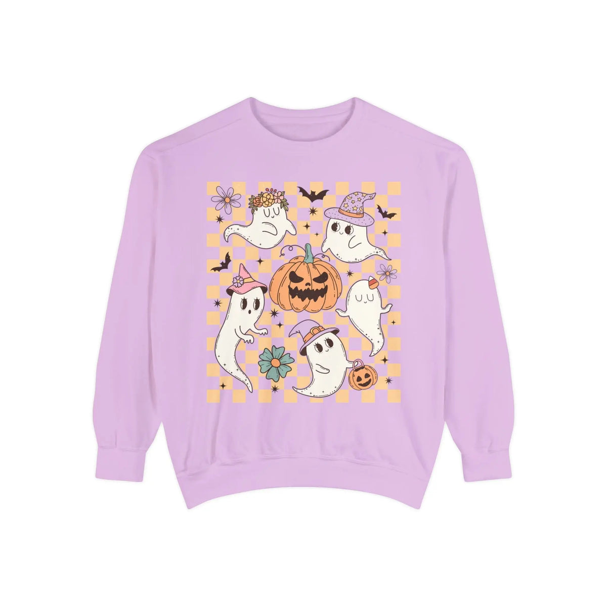 Cute Ghosts and Pumpkins Halloween Sweatshirt - Checkered Vintage Graphic Sweater