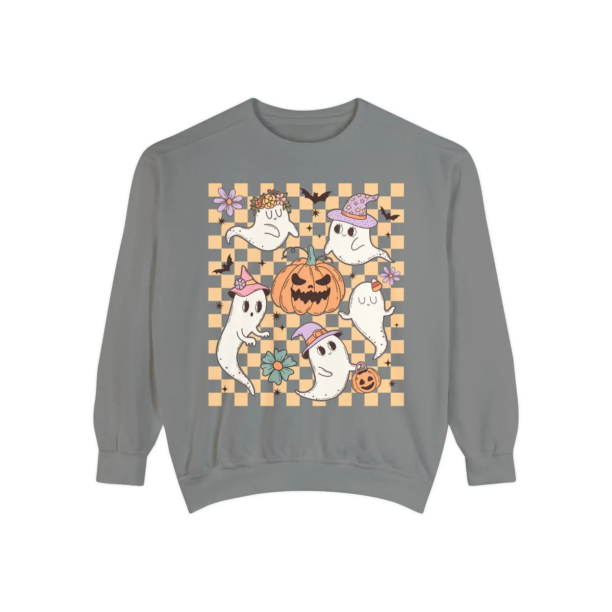 Cute Ghosts and Pumpkins Halloween Sweatshirt - Checkered Vintage Graphic Sweater