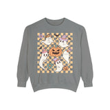 Cute Ghosts and Pumpkins Halloween Sweatshirt - Checkered Vintage Graphic Sweater