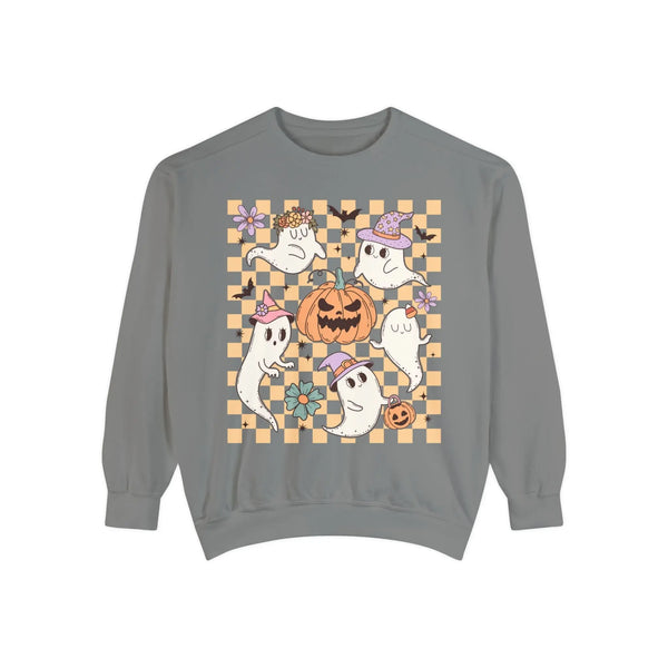 Cute Ghosts and Pumpkins Halloween Sweatshirt - Checkered Vintage Graphic Sweater