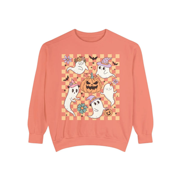 Cute Ghosts and Pumpkins Halloween Sweatshirt - Checkered Vintage Graphic Sweater