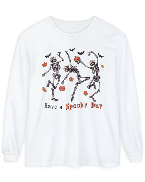 Dancing Skeletons Halloween Long Sleeve Shirt Have A Spooky Day Retro Style