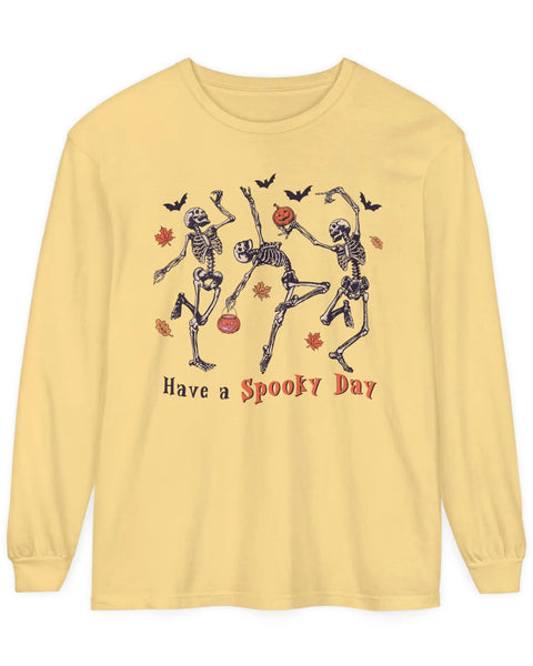 Dancing Skeletons Halloween Long Sleeve Shirt Have A Spooky Day Retro Style