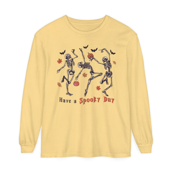 Dancing Skeletons Halloween Long Sleeve T-Shirt - 'Have A Spooky Day' Retro Spooky Tee