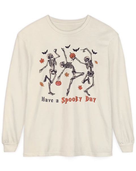 Dancing Skeletons Halloween Long Sleeve Shirt Have A Spooky Day Retro Style