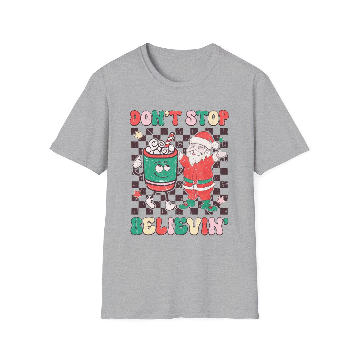 Don’t Stop Believin’ Christmas T-Shirt – Santa and Coffee Holiday Cheer Tee