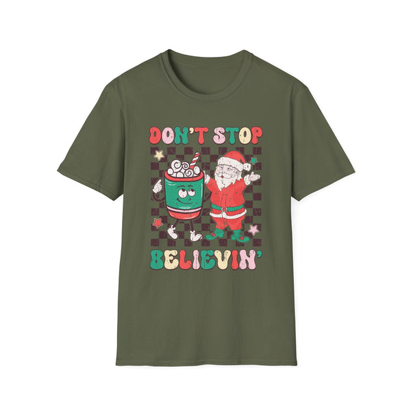 Don’t Stop Believin’ Christmas T-Shirt – Santa and Coffee Holiday Cheer Tee