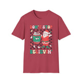 Don’t Stop Believin’ Christmas T-Shirt – Santa and Coffee Holiday Cheer Tee