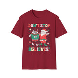 Don’t Stop Believin’ Christmas T-Shirt – Santa and Coffee Holiday Cheer Tee