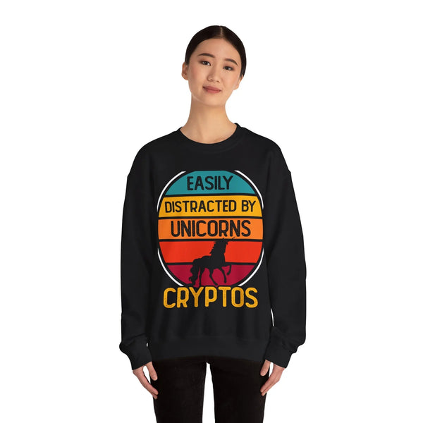 Easily Distracted by Unicorns Cryptos Crypto Crewneck Sweatshirt – Cryptocurrency Shirt for Enthusiasts, Traders, and Meme Lovers