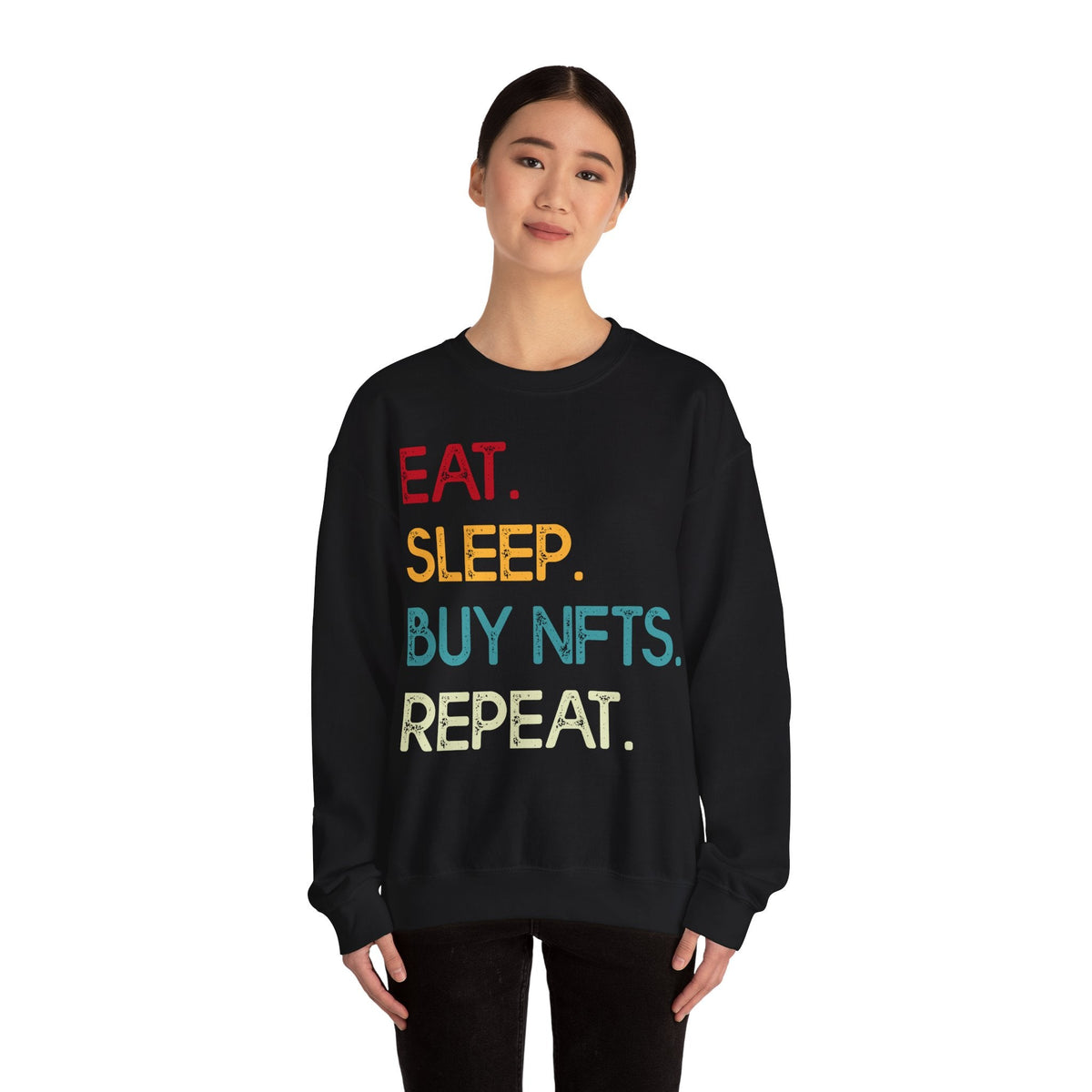 Eat Sleep Buy NFTs Repeat Crypto Crewneck Sweatshirt – Cryptocurrency Shirt for Enthusiasts, Traders, and Meme Lovers