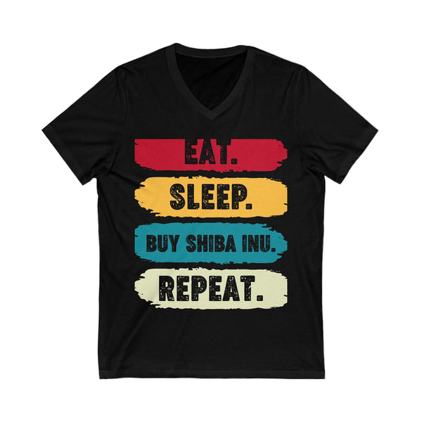 Eat Sleep Buy Shiba Inu Repeat Crypto V-Neck – Cryptocurrency Shirt for Enthusiasts, Traders, and Meme Lovers