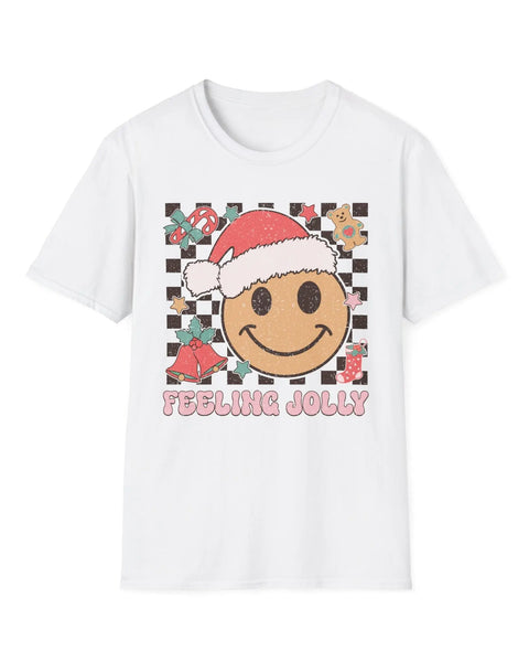 Feeling Jolly Christmas T Shirt Smiling Face Santa Hat And Holiday Cheer