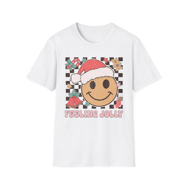 Feeling Jolly Christmas T-Shirt – Smiling Face, Santa Hat & Holiday Cheer