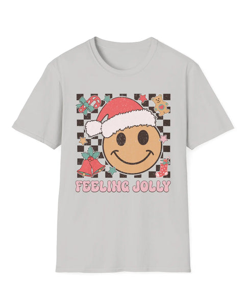 Feeling Jolly Christmas T Shirt Smiling Face Santa Hat And Holiday Cheer